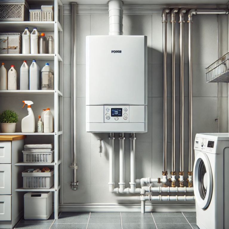 Wall-mounted white boiler with digital display in a clean, organized utility room featuring pipes, shelves with cleaning supplies, and a washing machine.