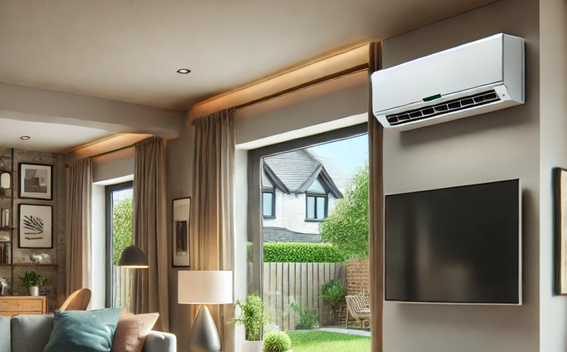 A wall-mounted air conditioning unit installed in a modern UK living room with contemporary decor, featuring stylish furniture and a large window with natural light streaming in, overlooking a green garden.
