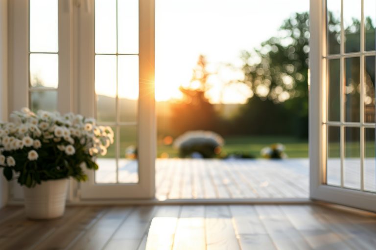 Open French doors with a view of the sunset and a pot of white flowers on a wooden floor.